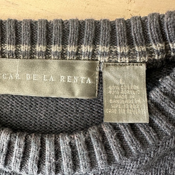 Oscar de la Renta Navy Grey Windowpane Pattern Cotton Crew Neck Dad Sweater L - Picture 6 of 6